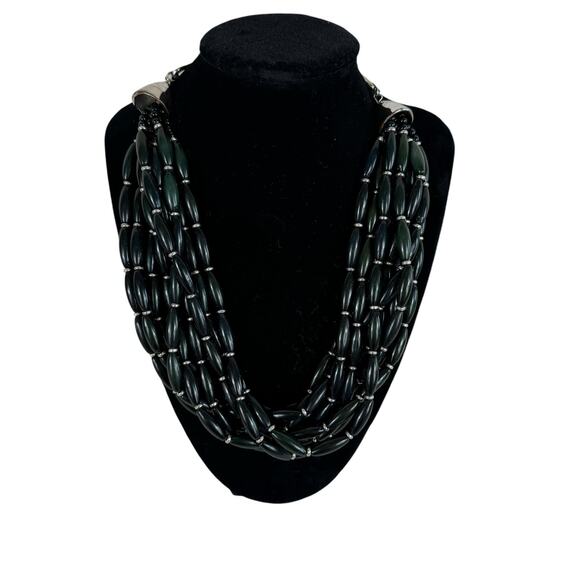 Chico's Dark Green Multi-Strand Lucite Beaded Silver Plated Statement Necklace - Picture 1 of 4